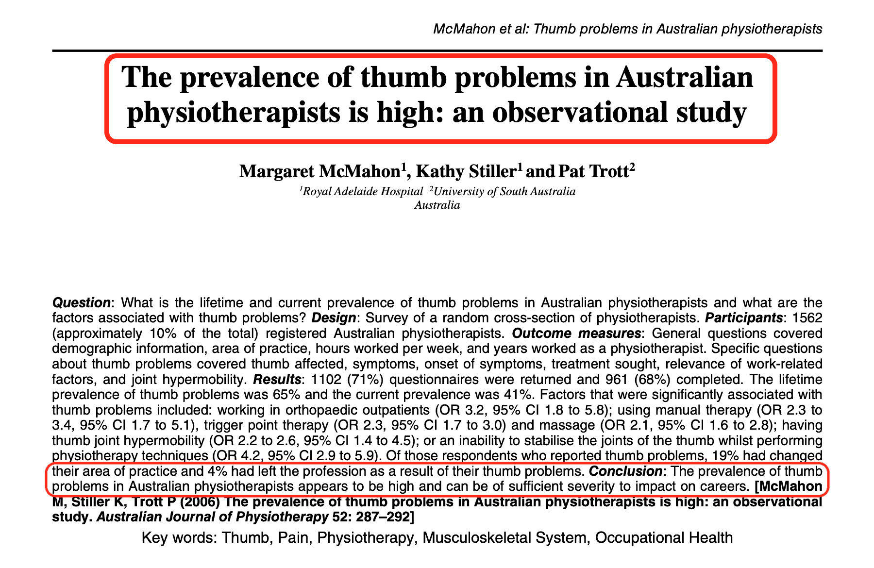 Studio Problemi mano Fisioterapisti Australian Journal of Physiotherapy 2006 Vol. 52