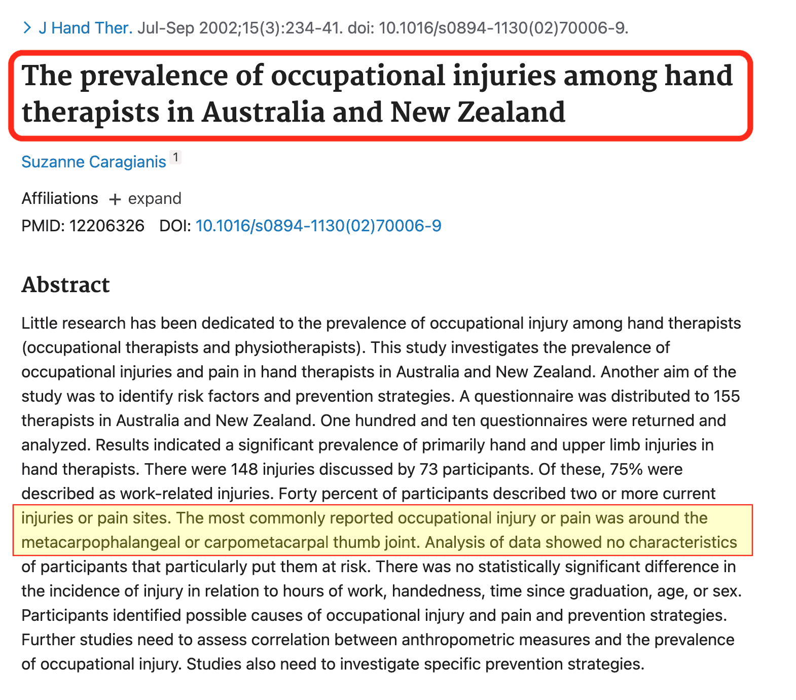 Studio Problemi mano Fisioterapisti The prevalence of occupational injuries among hand therapists in Australia and New Zealand - Journal of Hand Therapy